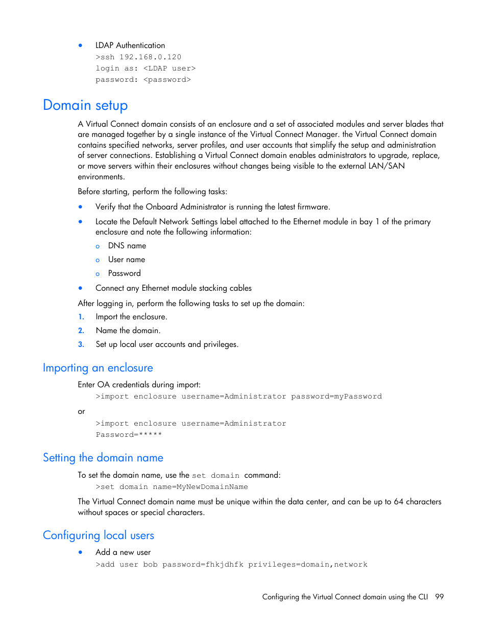 Domain setup, Importing an enclosure, Setting the domain name | Configuring local users | HP Integrity BL870c i2 Server-Blade User Manual | Page 99 / 117