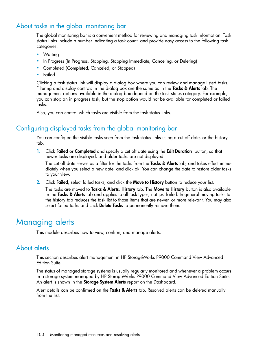 About tasks in the global monitoring bar, Managing alerts, About alerts | HP XP P9000 Command View Advanced Edition Software User Manual | Page 100 / 178