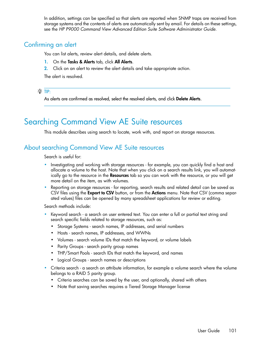 Confirming an alert, Searching command view ae suite resources, About searching command view ae suite resources | HP XP P9000 Command View Advanced Edition Software User Manual | Page 101 / 178