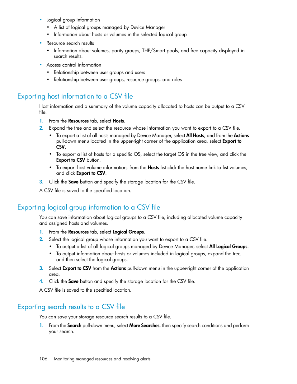 Exporting host information to a csv file, Exporting logical group information to a csv file, Exporting search results to a csv file | 106 exporting search results to a csv file | HP XP P9000 Command View Advanced Edition Software User Manual | Page 106 / 178