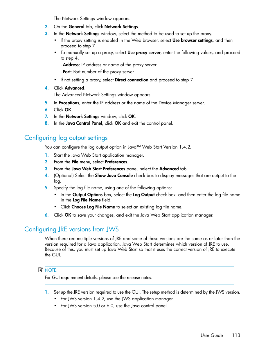 Configuring log output settings, Configuring jre versions from jws, 113 configuring jre versions from jws | HP XP P9000 Command View Advanced Edition Software User Manual | Page 113 / 178