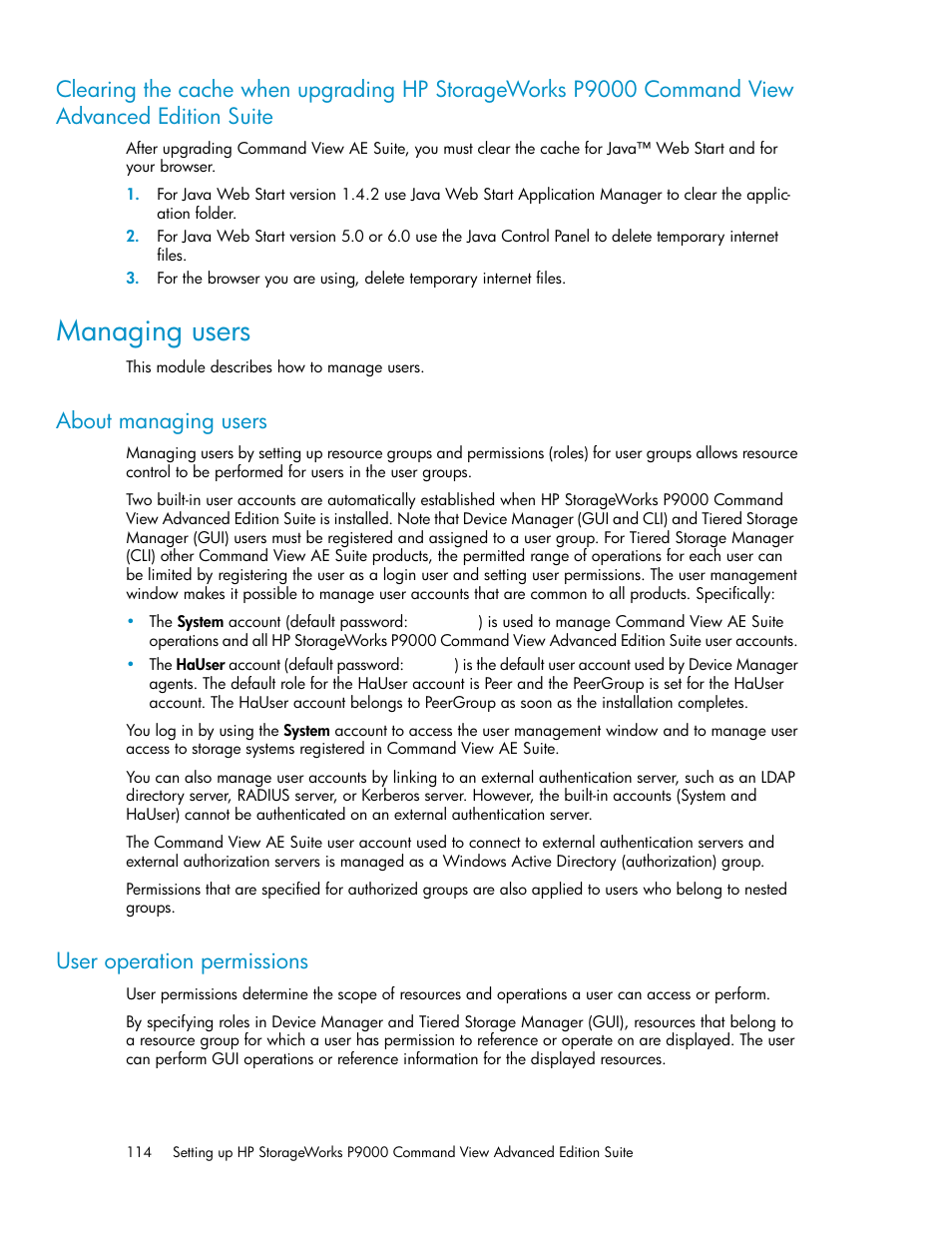 Managing users, About managing users, User operation permissions | 114 user operation permissions | HP XP P9000 Command View Advanced Edition Software User Manual | Page 114 / 178