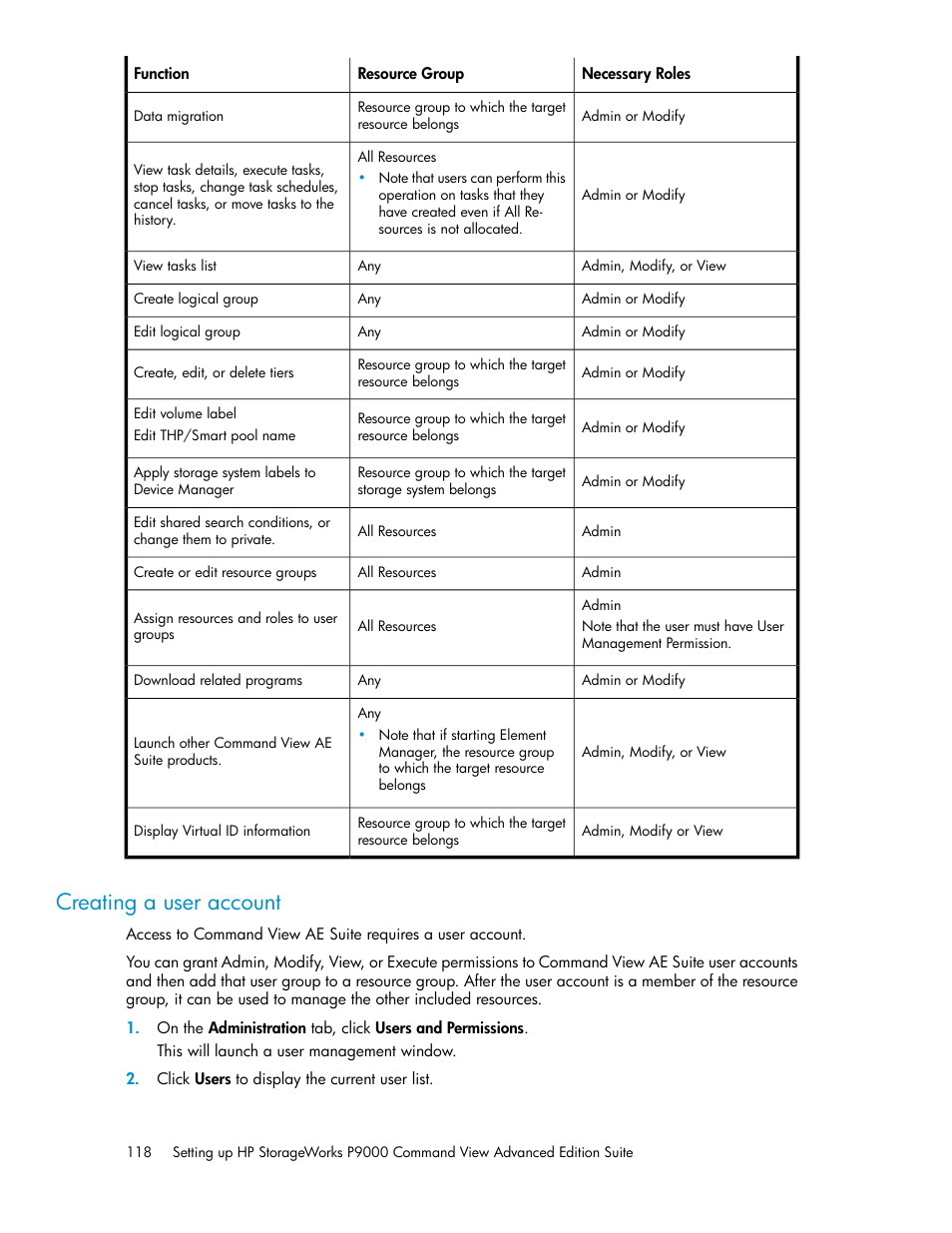 Creating a user account | HP XP P9000 Command View Advanced Edition Software User Manual | Page 118 / 178