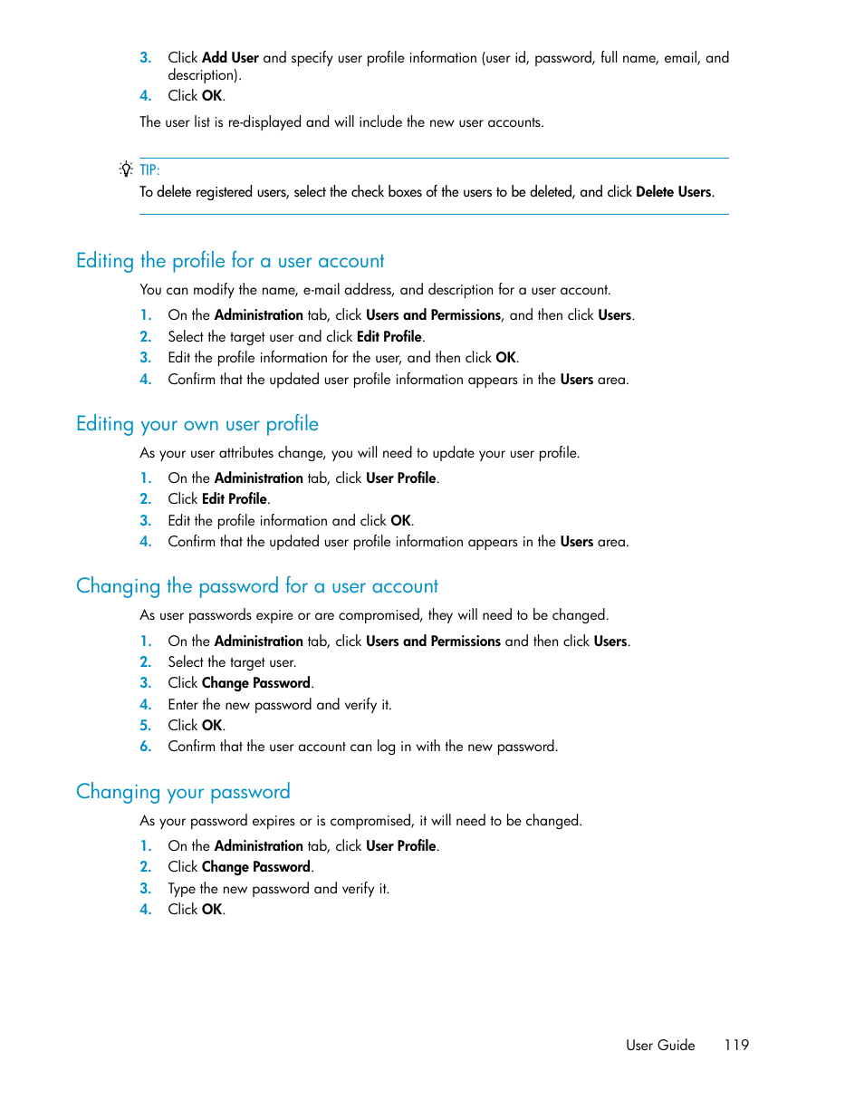 Editing the profile for a user account, Editing your own user profile, Changing the password for a user account | Changing your password, 119 editing your own user profile, 119 changing the password for a user account, 119 changing your password | HP XP P9000 Command View Advanced Edition Software User Manual | Page 119 / 178