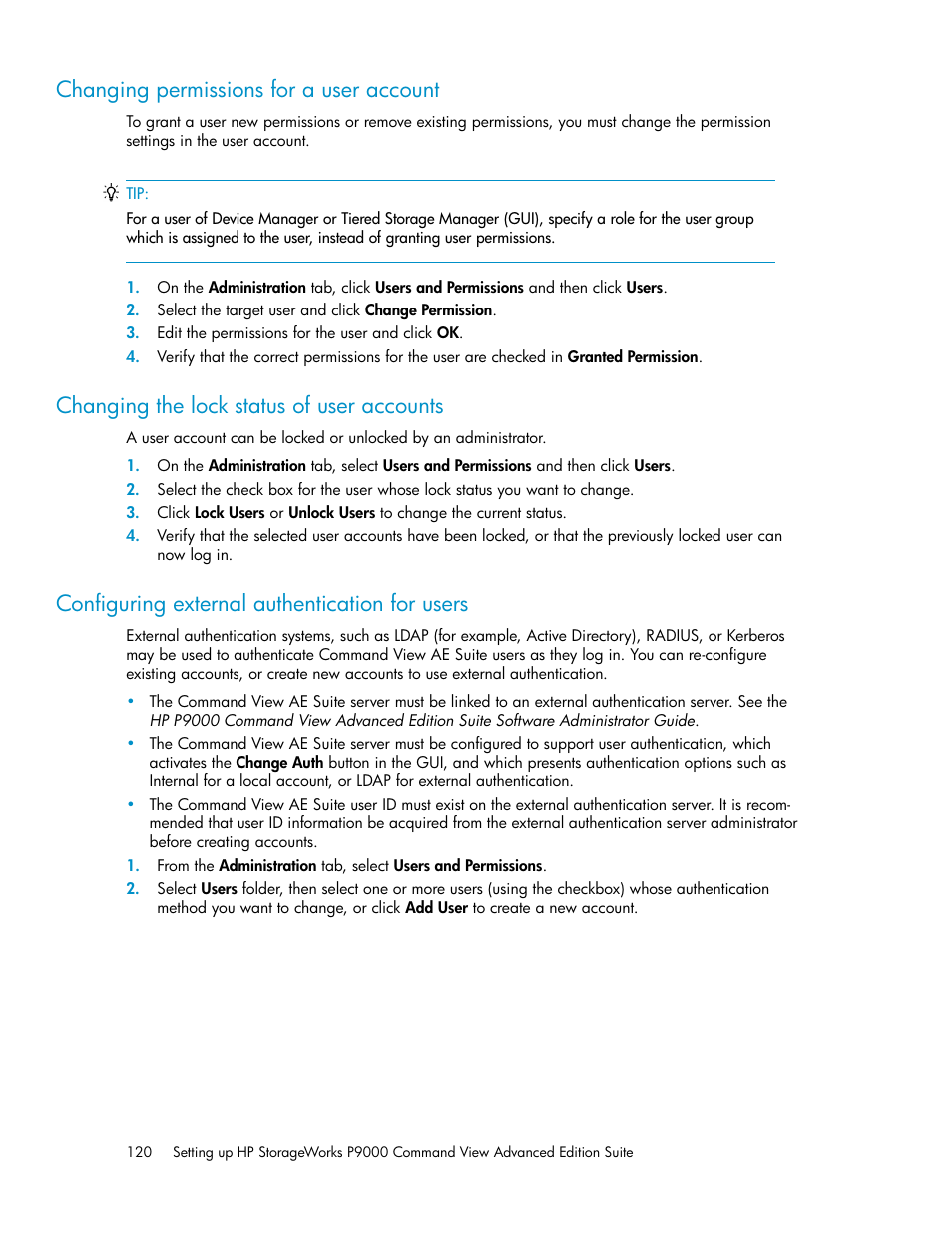 Changing permissions for a user account, Changing the lock status of user accounts, Configuring external authentication for users | 120 changing the lock status of user accounts, 120 configuring external authentication for users | HP XP P9000 Command View Advanced Edition Software User Manual | Page 120 / 178