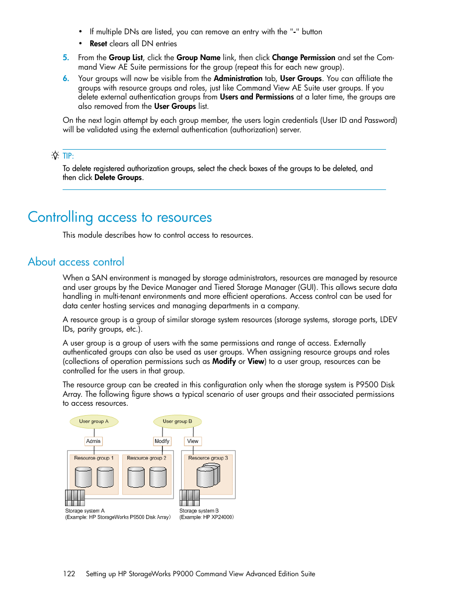 Controlling access to resources, About access control | HP XP P9000 Command View Advanced Edition Software User Manual | Page 122 / 178