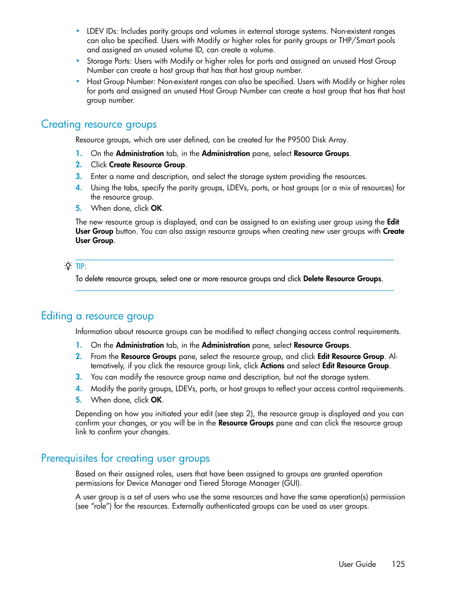 Creating resource groups, Editing a resource group, Prerequisites for creating user groups | 125 editing a resource group, 125 prerequisites for creating user groups | HP XP P9000 Command View Advanced Edition Software User Manual | Page 125 / 178