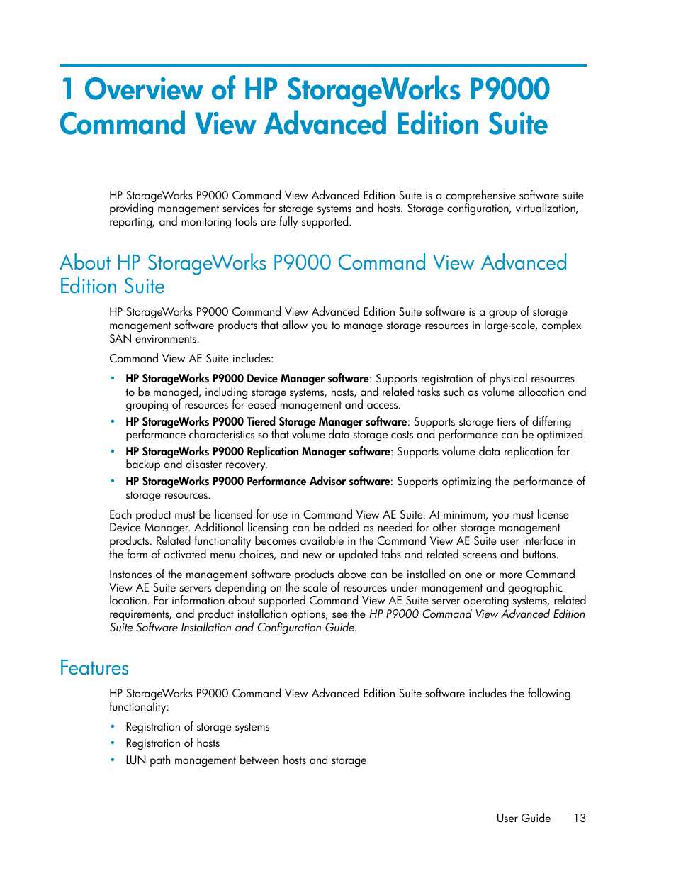 Features, 13 features | HP XP P9000 Command View Advanced Edition Software User Manual | Page 13 / 178