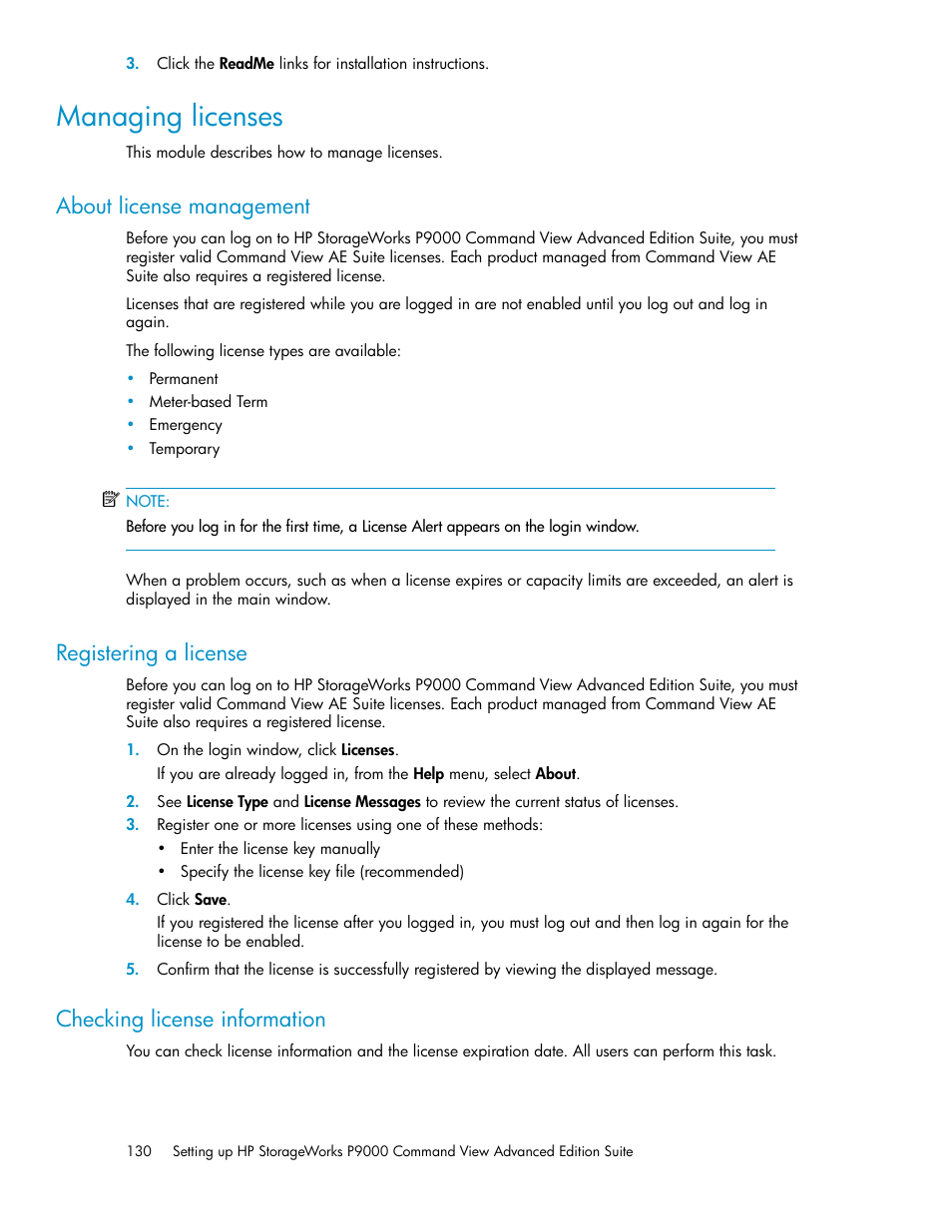 Managing licenses, About license management, Registering a license | Checking license information, 130 registering a license, 130 checking license information | HP XP P9000 Command View Advanced Edition Software User Manual | Page 130 / 178