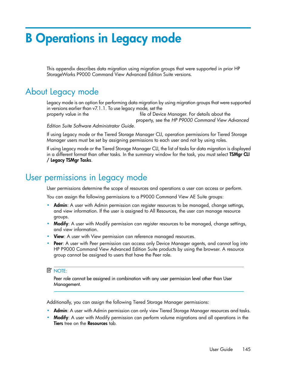 B operations in legacy mode, About legacy mode, User permissions in legacy mode | HP XP P9000 Command View Advanced Edition Software User Manual | Page 145 / 178