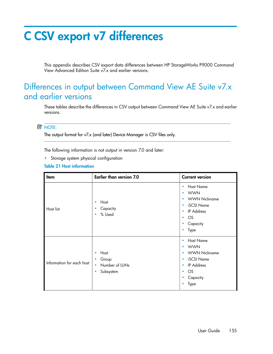 C csv export v7 differences, Host information | HP XP P9000 Command View Advanced Edition Software User Manual | Page 155 / 178