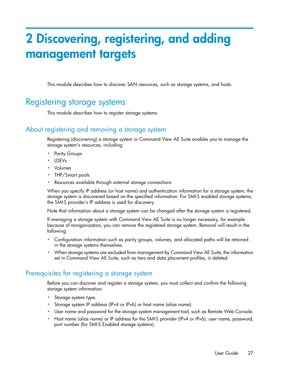 Registering storage systems, About registering and removing a storage system, Prerequisites for registering a storage system | 27 prerequisites for registering a storage system | HP XP P9000 Command View Advanced Edition Software User Manual | Page 27 / 178