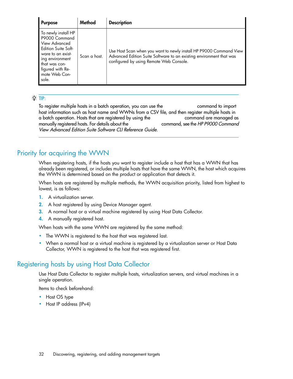 Priority for acquiring the wwn, Registering hosts by using host data collector, 32 registering hosts by using host data collector | HP XP P9000 Command View Advanced Edition Software User Manual | Page 32 / 178