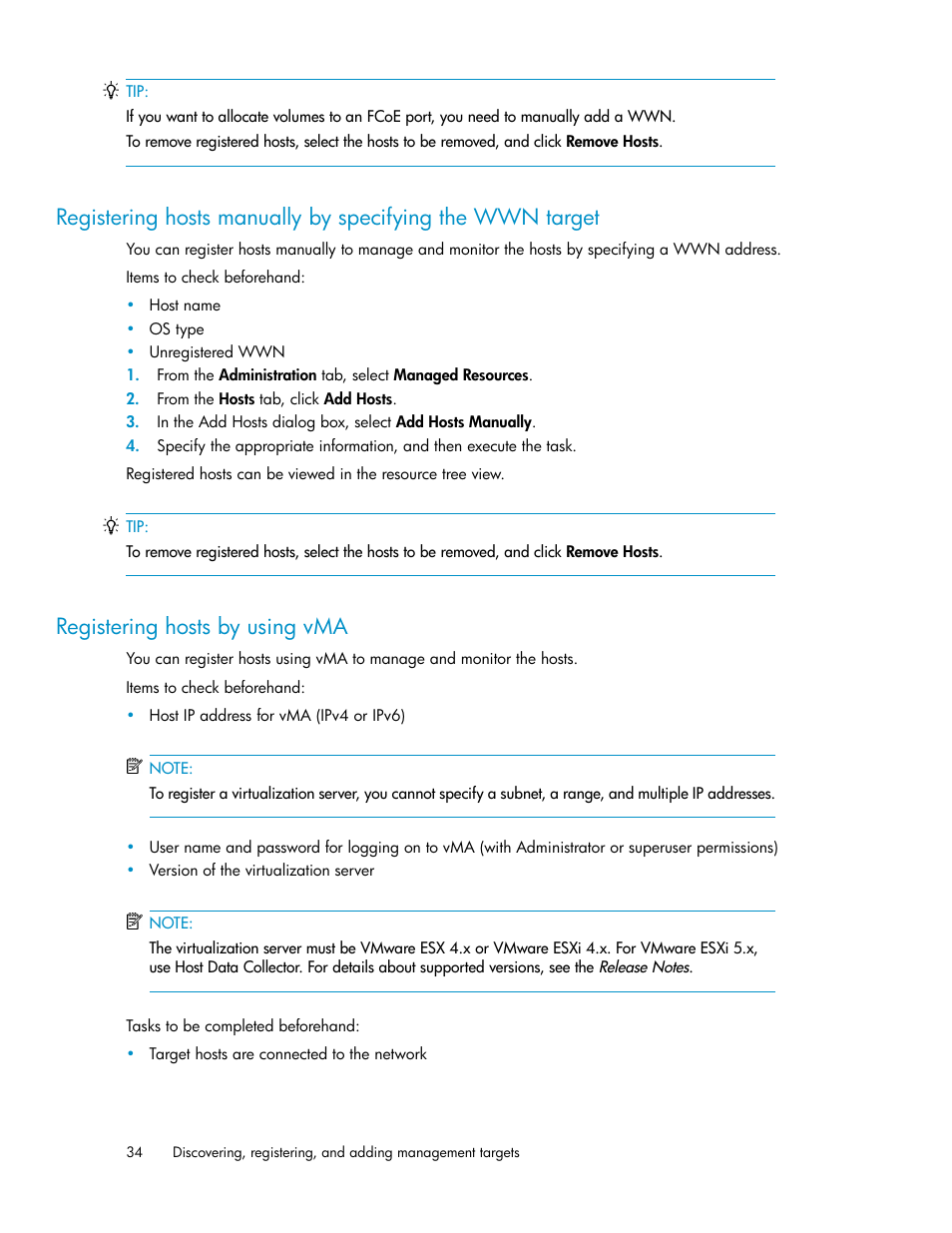 Registering hosts by using vma, 34 registering hosts by using vma | HP XP P9000 Command View Advanced Edition Software User Manual | Page 34 / 178