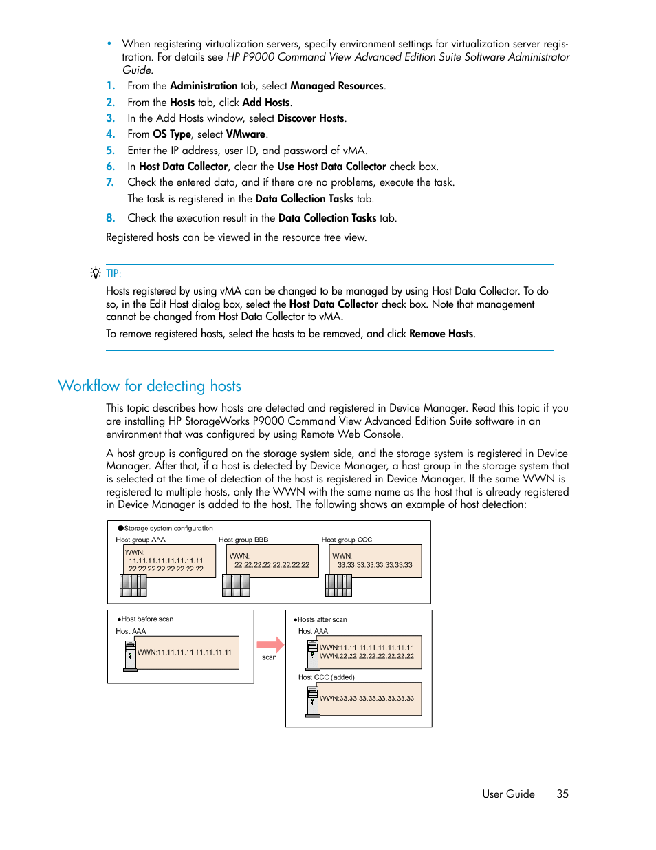 Workflow for detecting hosts | HP XP P9000 Command View Advanced Edition Software User Manual | Page 35 / 178