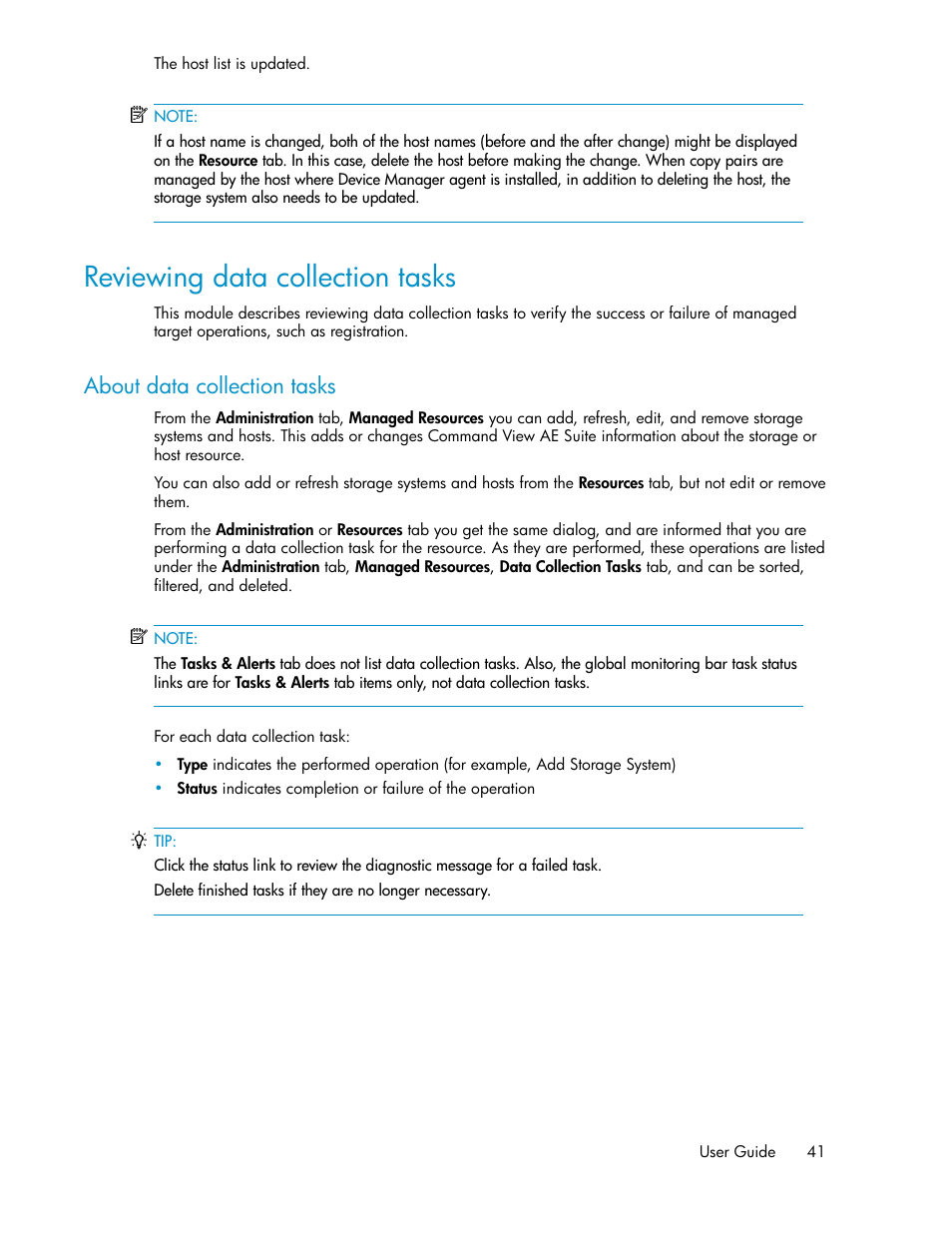 Reviewing data collection tasks, About data collection tasks | HP XP P9000 Command View Advanced Edition Software User Manual | Page 41 / 178