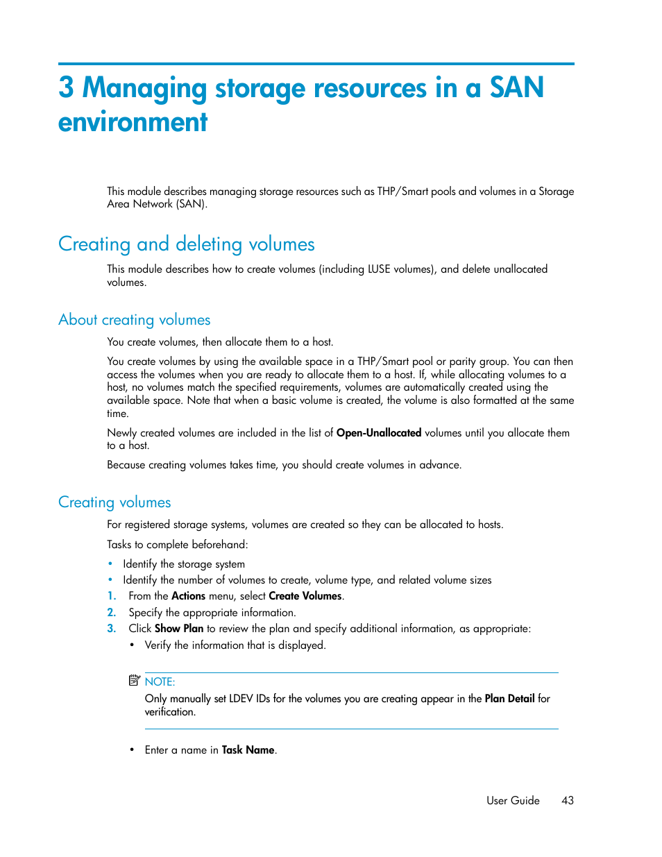 3 managing storage resources in a san environment, Creating and deleting volumes, About creating volumes | Creating volumes, 43 creating volumes | HP XP P9000 Command View Advanced Edition Software User Manual | Page 43 / 178