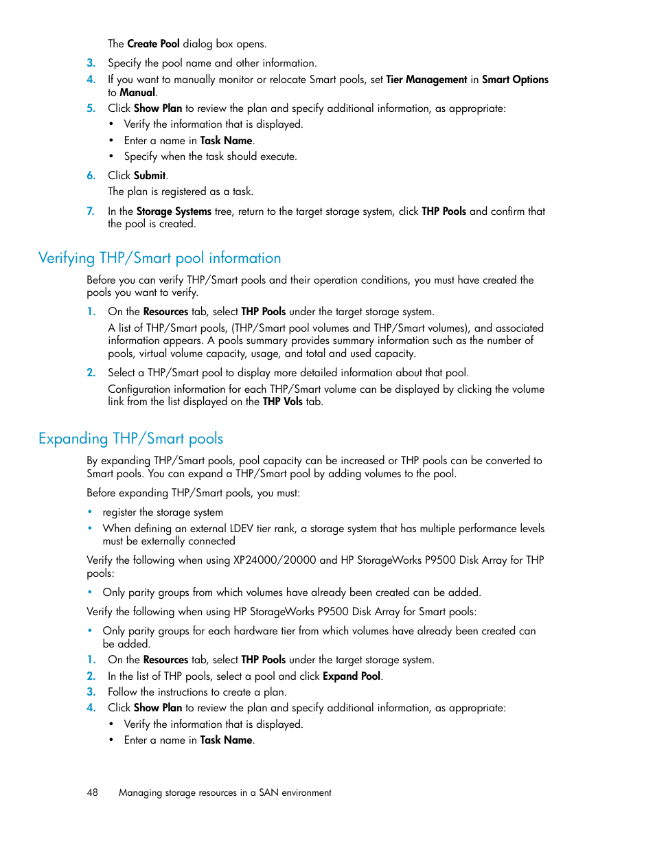 Verifying thp/smart pool information, Expanding thp/smart pools, 48 expanding thp/smart pools | HP XP P9000 Command View Advanced Edition Software User Manual | Page 48 / 178