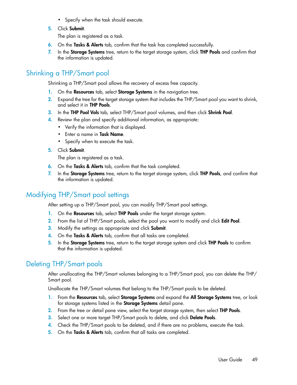 Shrinking a thp/smart pool, Modifying thp/smart pool settings, Deleting thp/smart pools | 49 modifying thp/smart pool settings, 49 deleting thp/smart pools | HP XP P9000 Command View Advanced Edition Software User Manual | Page 49 / 178