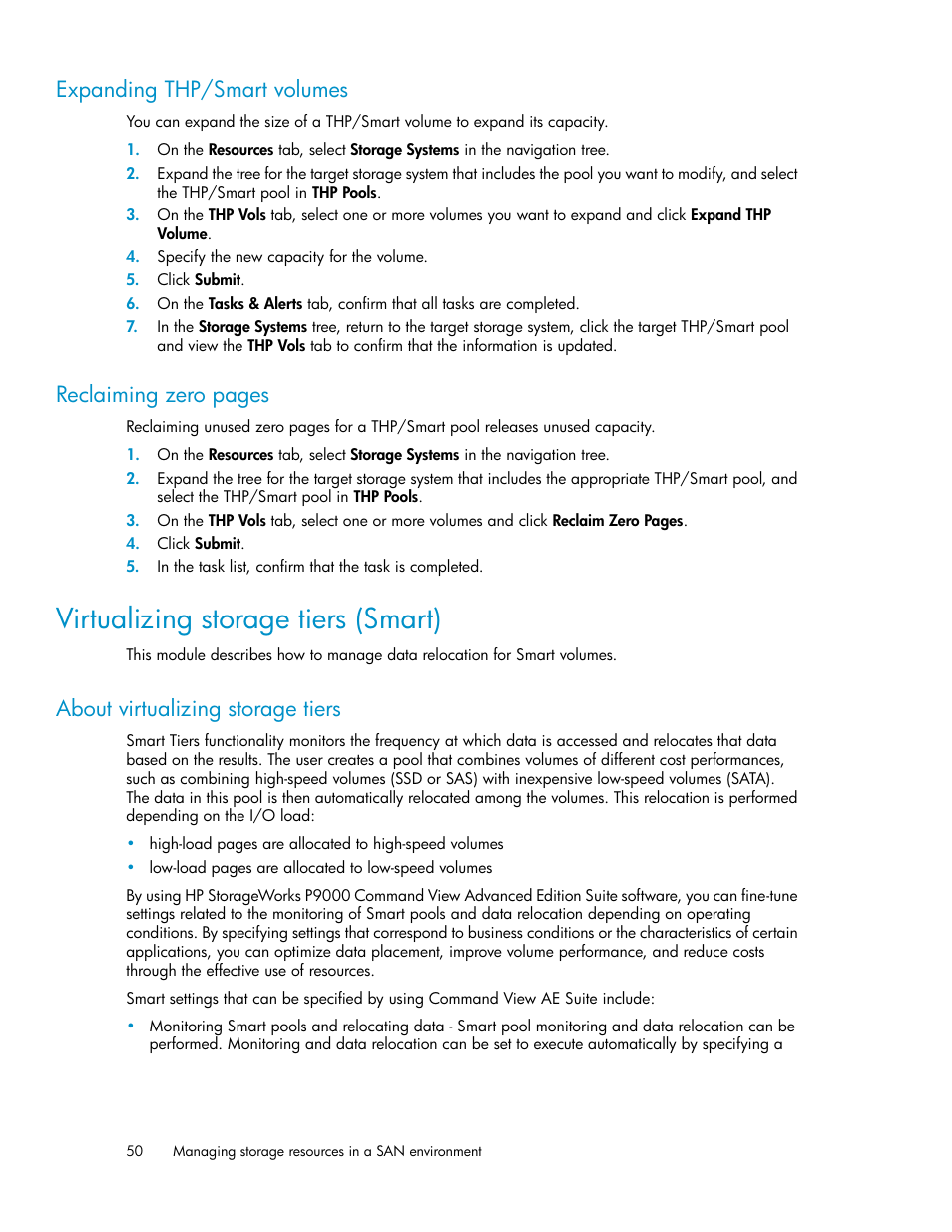 Expanding thp/smart volumes, Virtualizing storage tiers (smart), About virtualizing storage tiers | Reclaiming zero pages | HP XP P9000 Command View Advanced Edition Software User Manual | Page 50 / 178