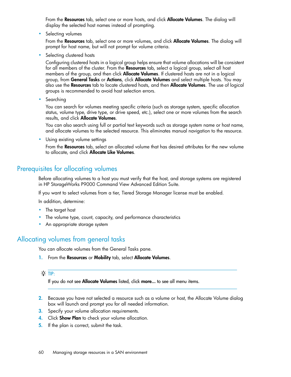 Prerequisites for allocating volumes, Allocating volumes from general tasks, 60 allocating volumes from general tasks | HP XP P9000 Command View Advanced Edition Software User Manual | Page 60 / 178