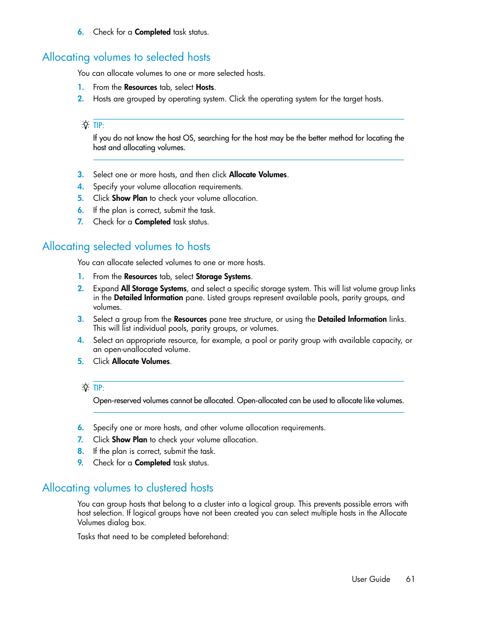 Allocating volumes to selected hosts, Allocating selected volumes to hosts, Allocating volumes to clustered hosts | 61 allocating selected volumes to hosts, 61 allocating volumes to clustered hosts | HP XP P9000 Command View Advanced Edition Software User Manual | Page 61 / 178