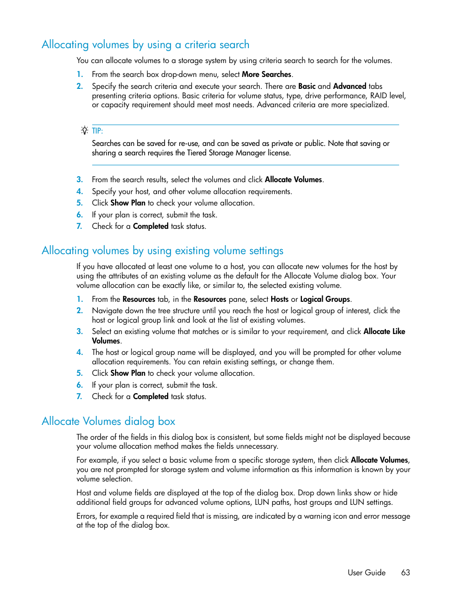 Allocating volumes by using a criteria search, Allocate volumes dialog box, 63 allocate volumes dialog box | HP XP P9000 Command View Advanced Edition Software User Manual | Page 63 / 178