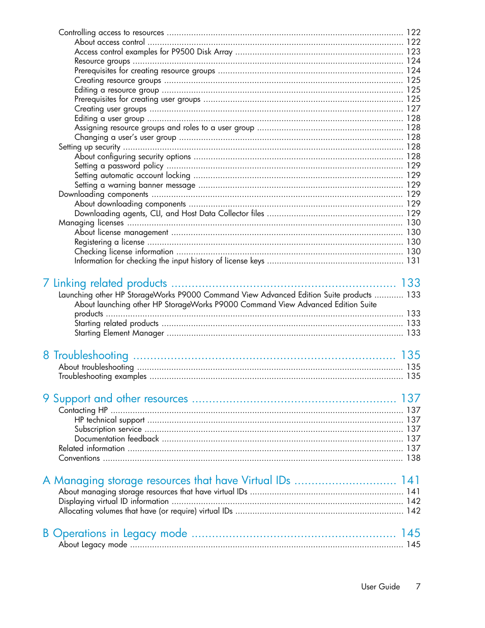 7 linking related products, 8 troubleshooting, 9 support and other resources | A managing storage resources that have virtual ids, B operations in legacy mode | HP XP P9000 Command View Advanced Edition Software User Manual | Page 7 / 178