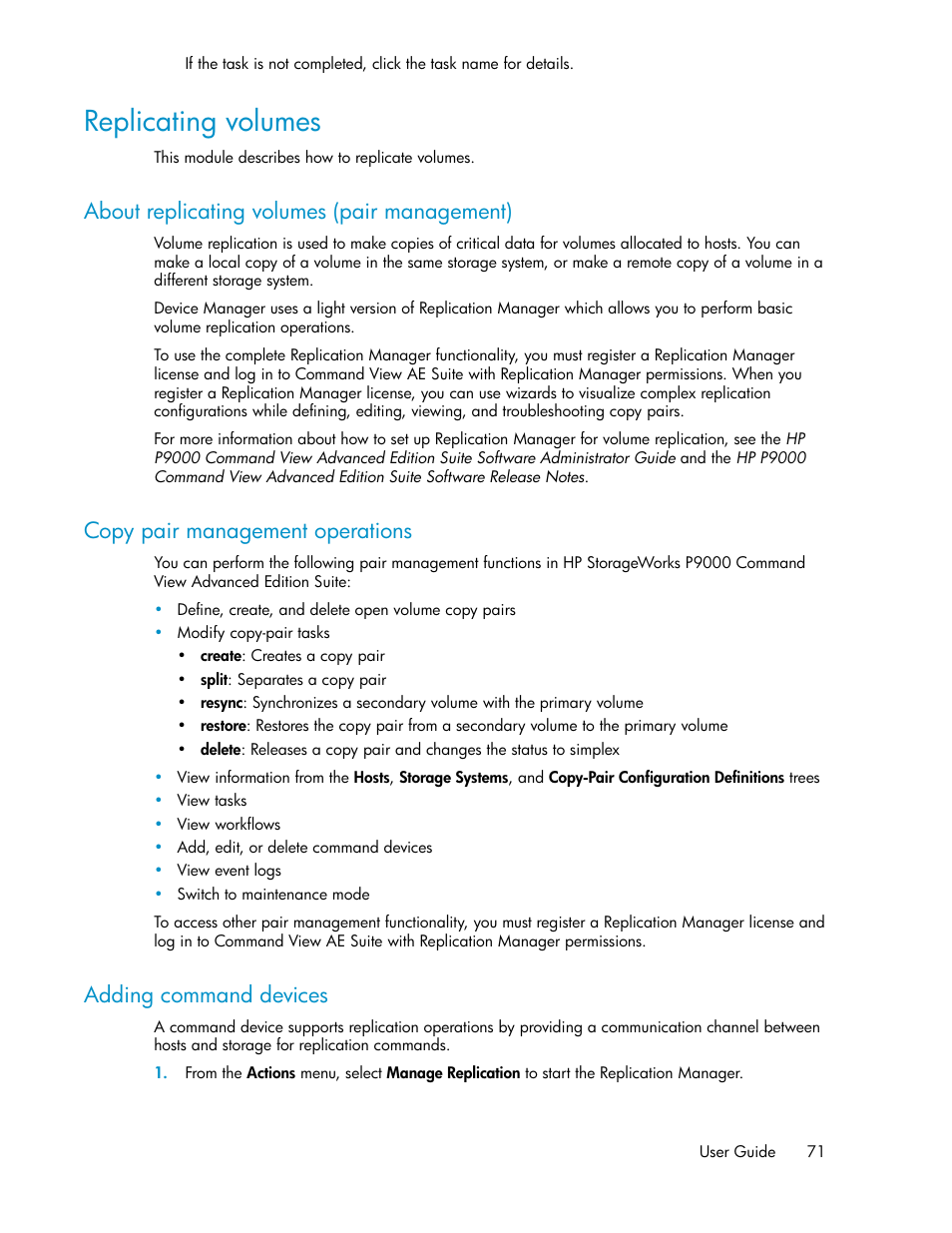 Replicating volumes, About replicating volumes (pair management), Copy pair management operations | Adding command devices, 71 copy pair management operations, 71 adding command devices | HP XP P9000 Command View Advanced Edition Software User Manual | Page 71 / 178