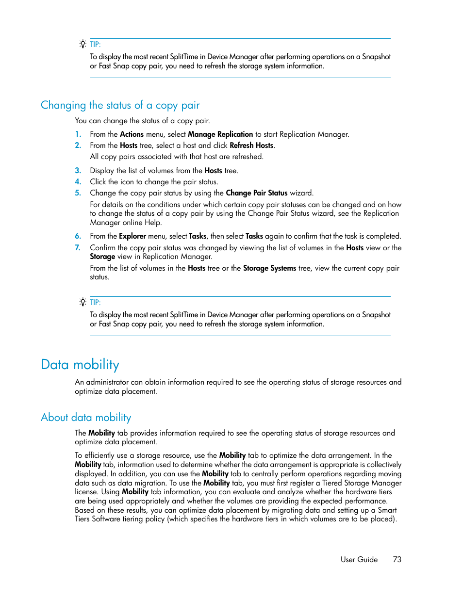 Changing the status of a copy pair, Data mobility, About data mobility | HP XP P9000 Command View Advanced Edition Software User Manual | Page 73 / 178