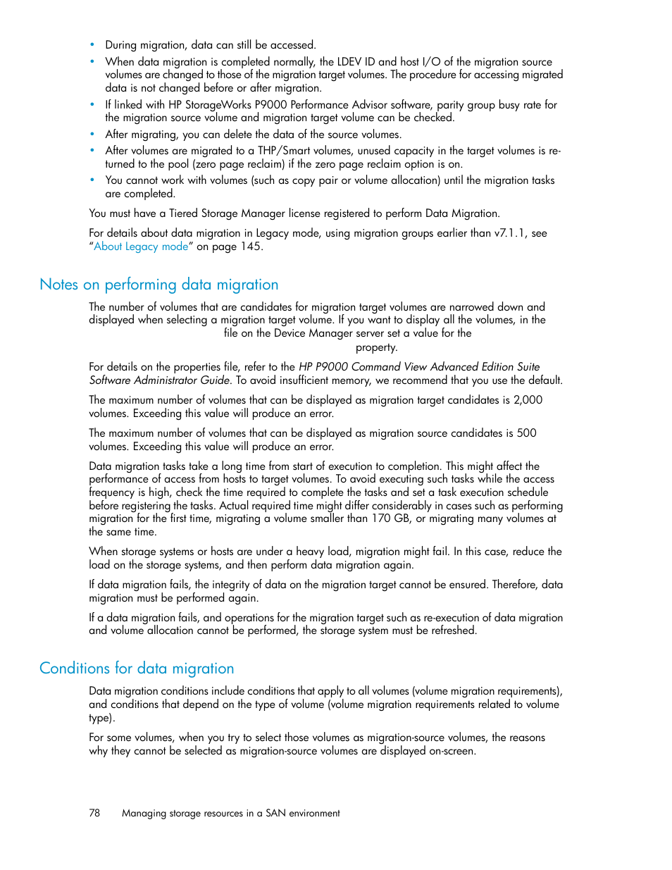 Notes on performing data migration, Conditions for data migration, 78 conditions for data migration | HP XP P9000 Command View Advanced Edition Software User Manual | Page 78 / 178