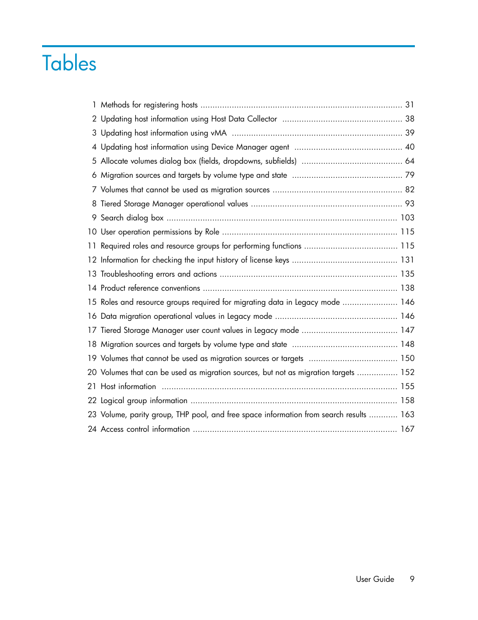 Tables | HP XP P9000 Command View Advanced Edition Software User Manual | Page 9 / 178