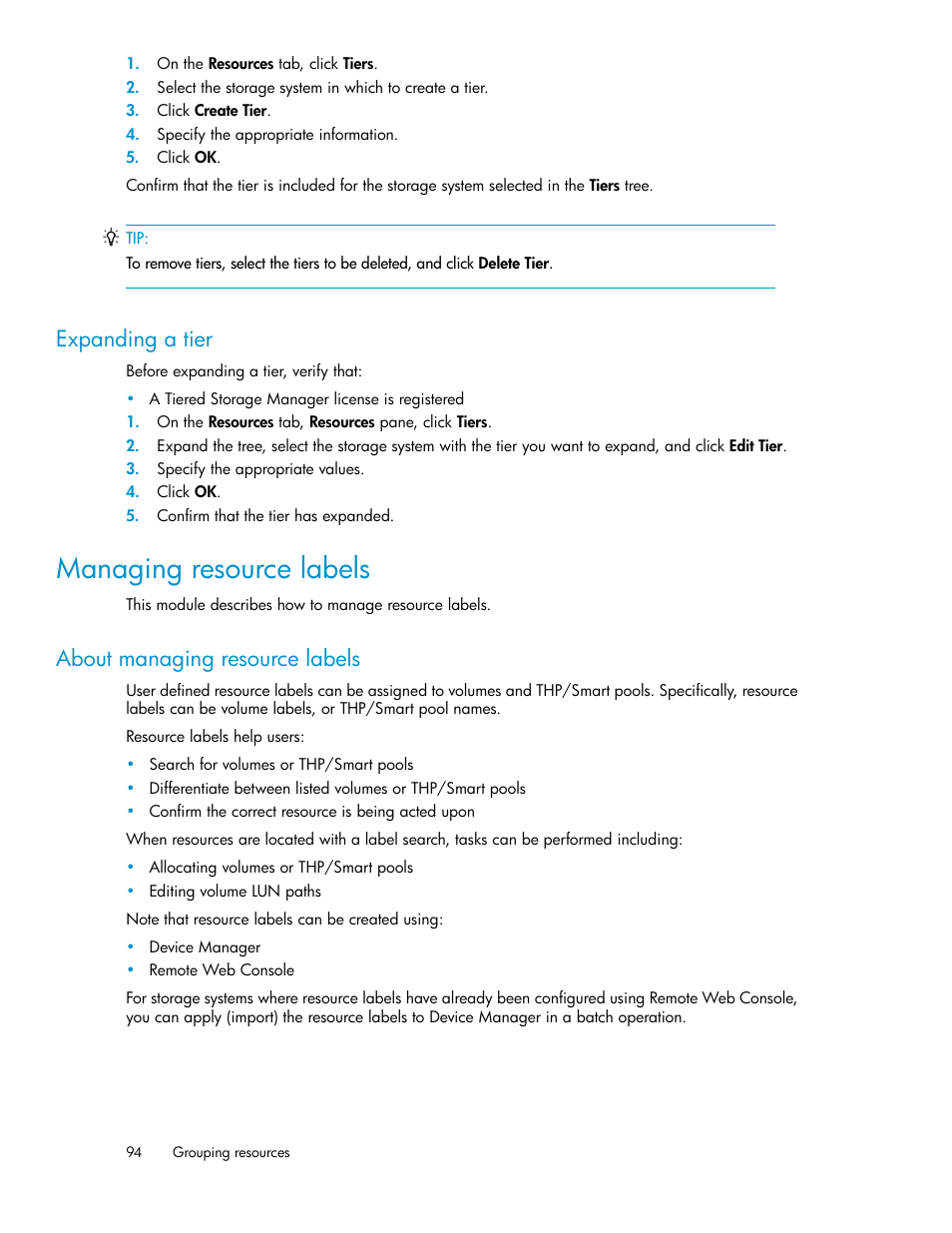 Expanding a tier, Managing resource labels, About managing resource labels | HP XP P9000 Command View Advanced Edition Software User Manual | Page 94 / 178