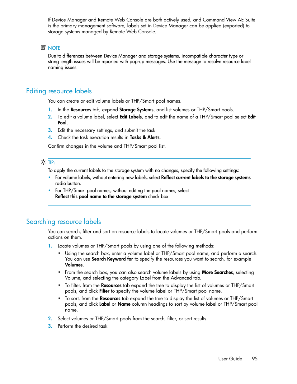 Editing resource labels, Searching resource labels, 95 searching resource labels | HP XP P9000 Command View Advanced Edition Software User Manual | Page 95 / 178