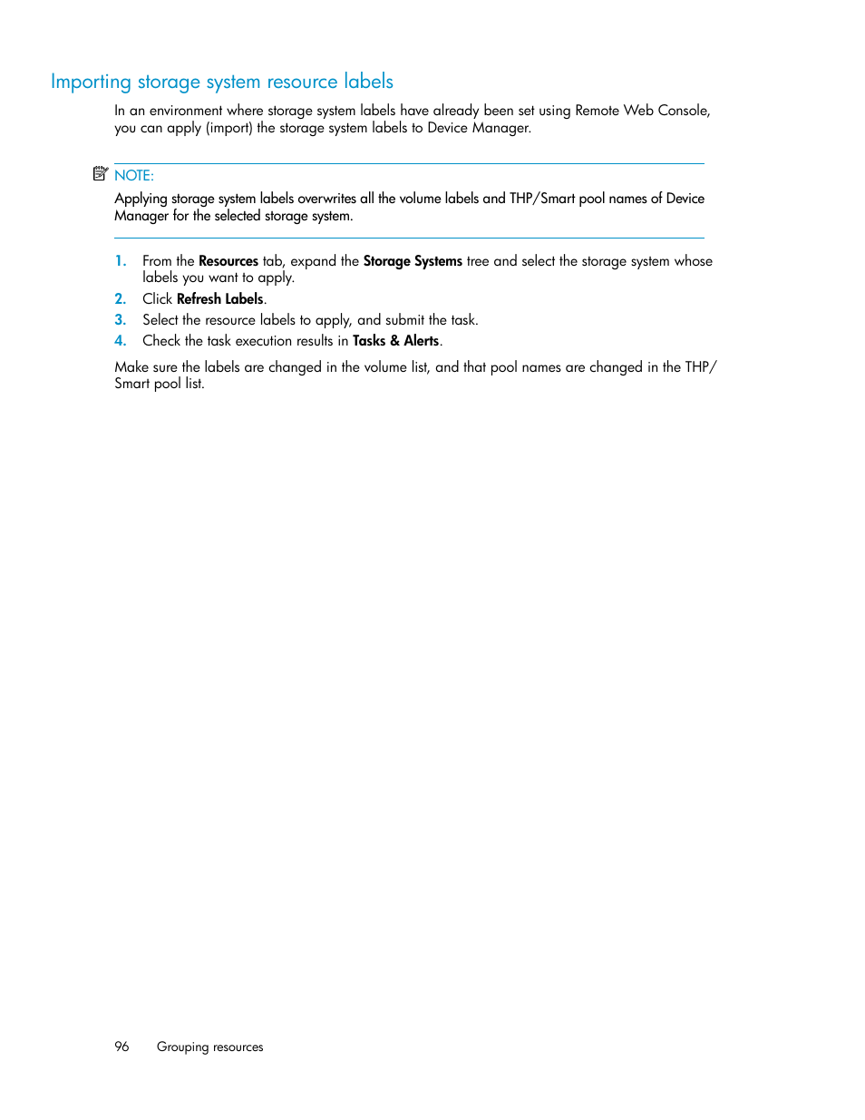 Importing storage system resource labels | HP XP P9000 Command View Advanced Edition Software User Manual | Page 96 / 178