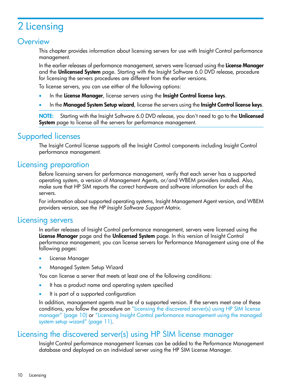 2 licensing, Overview, Supported licenses | Licensing preparation, Licensing servers | HP Insight Control User Manual | Page 10 / 77