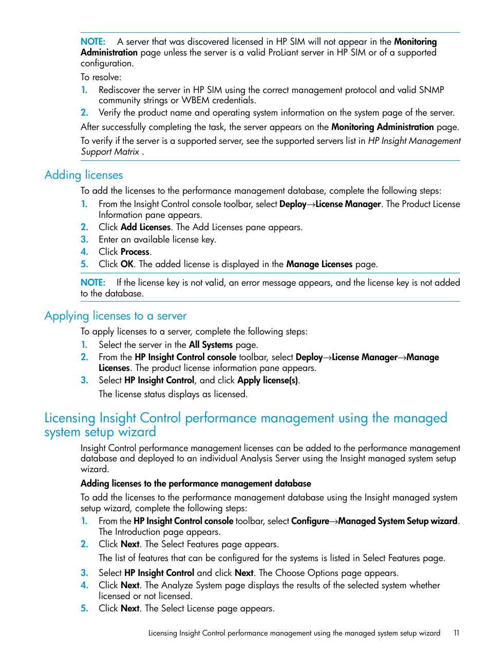 Adding licenses, Applying licenses to a server, Adding licenses applying licenses to a server | HP Insight Control User Manual | Page 11 / 77