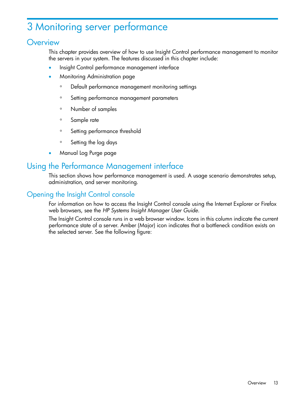 3 monitoring server performance, Overview, Using the performance management interface | Opening the insight control console | HP Insight Control User Manual | Page 13 / 77