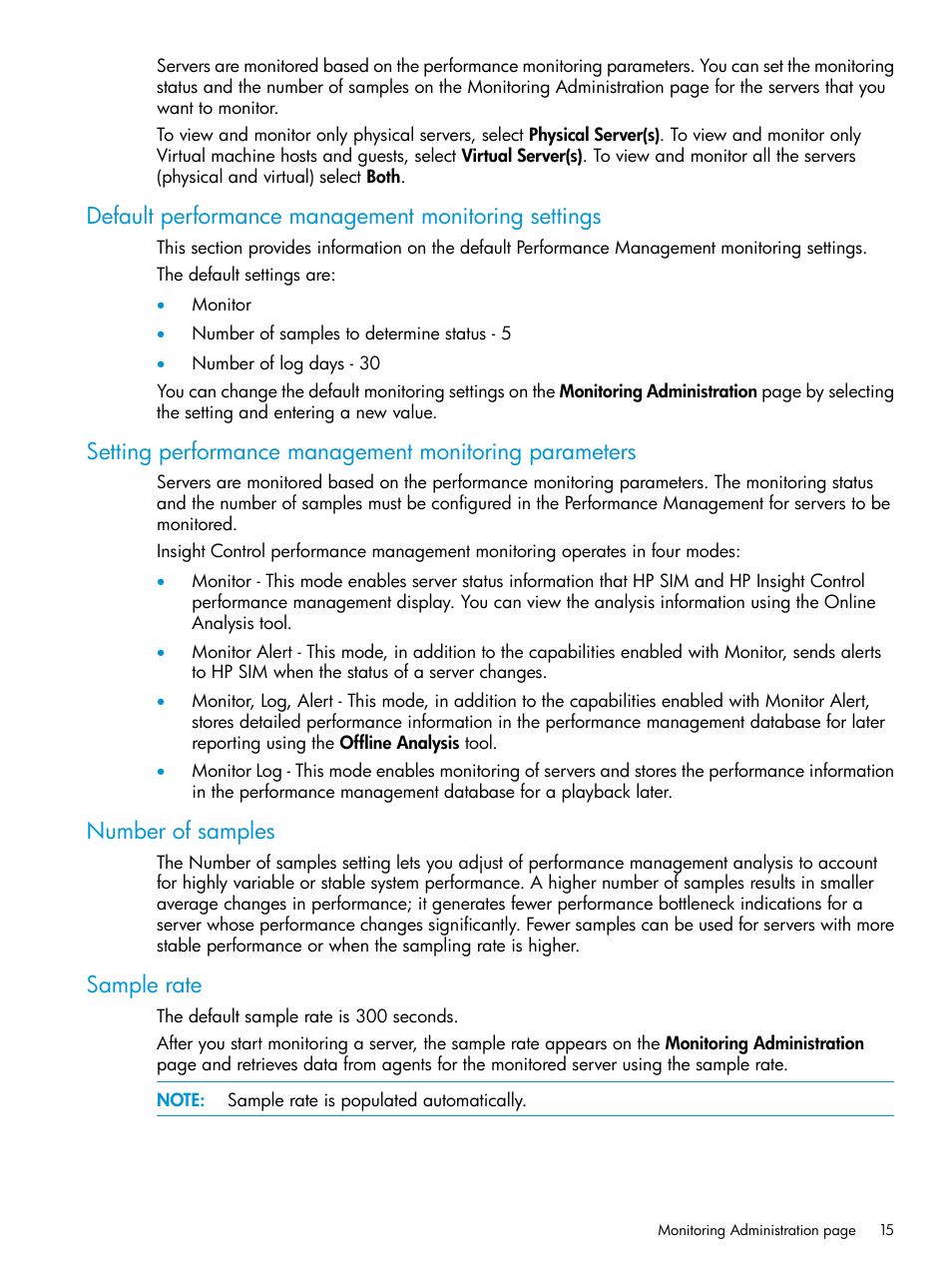 Default performance management monitoring settings, Number of samples, Sample rate | HP Insight Control User Manual | Page 15 / 77