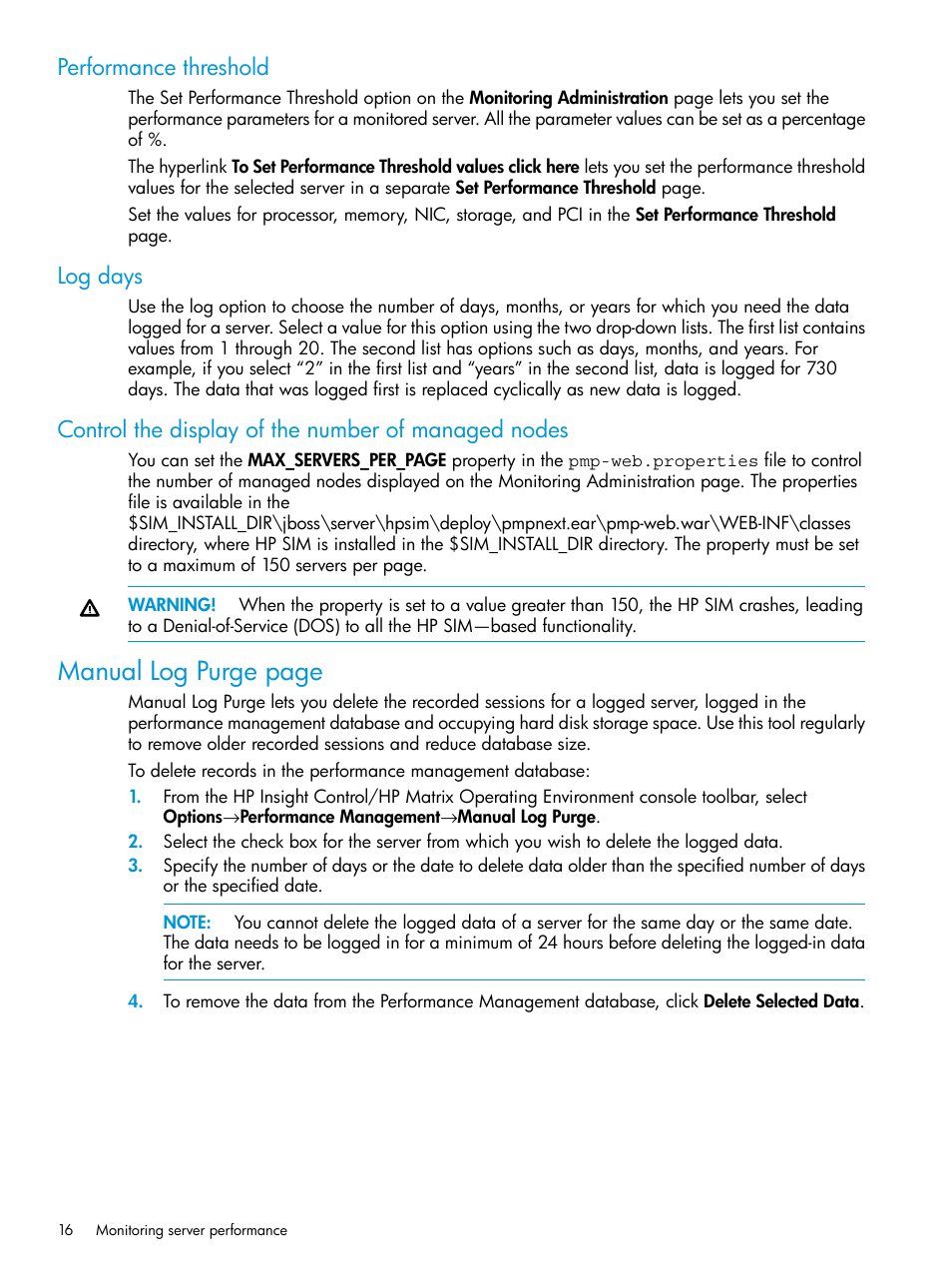 Performance threshold, Log days, Control the display of the number of managed nodes | Manual log purge page | HP Insight Control User Manual | Page 16 / 77