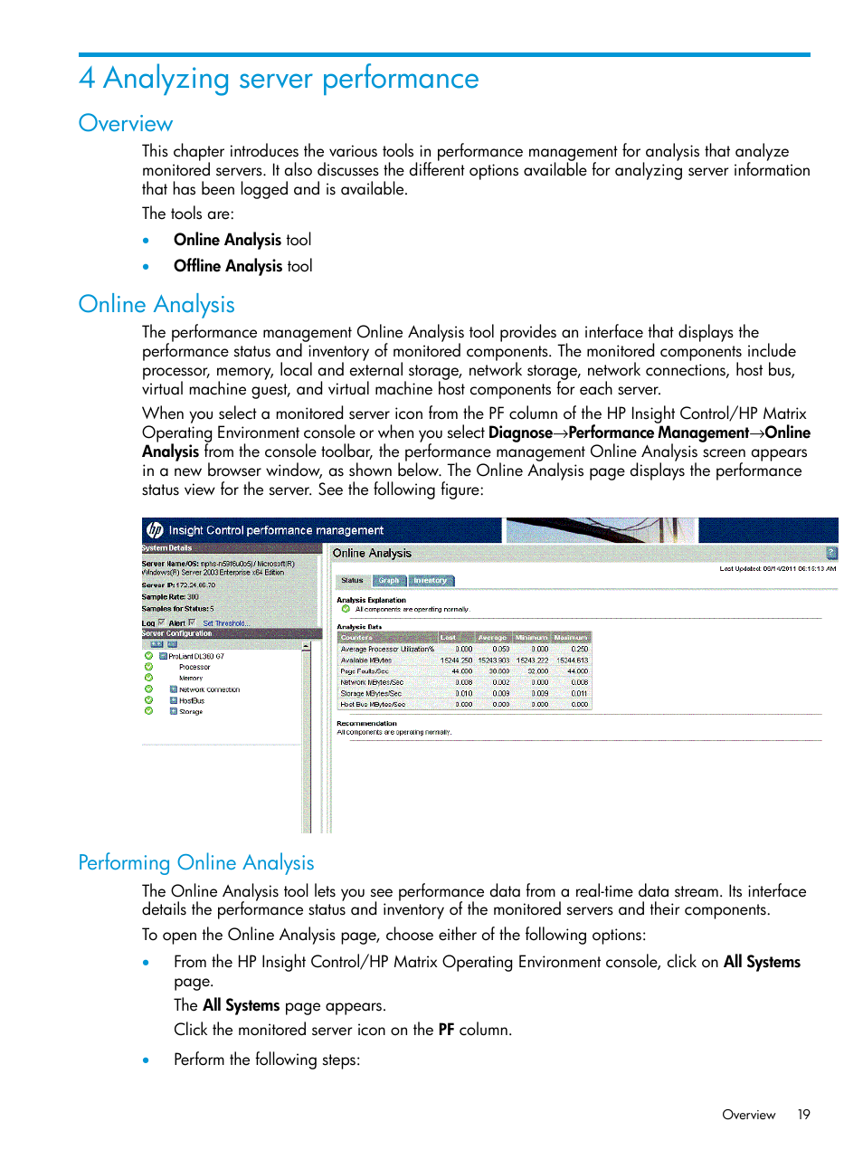 4 analyzing server performance, Overview, Online analysis | Performing online analysis, Overview online analysis | HP Insight Control User Manual | Page 19 / 77