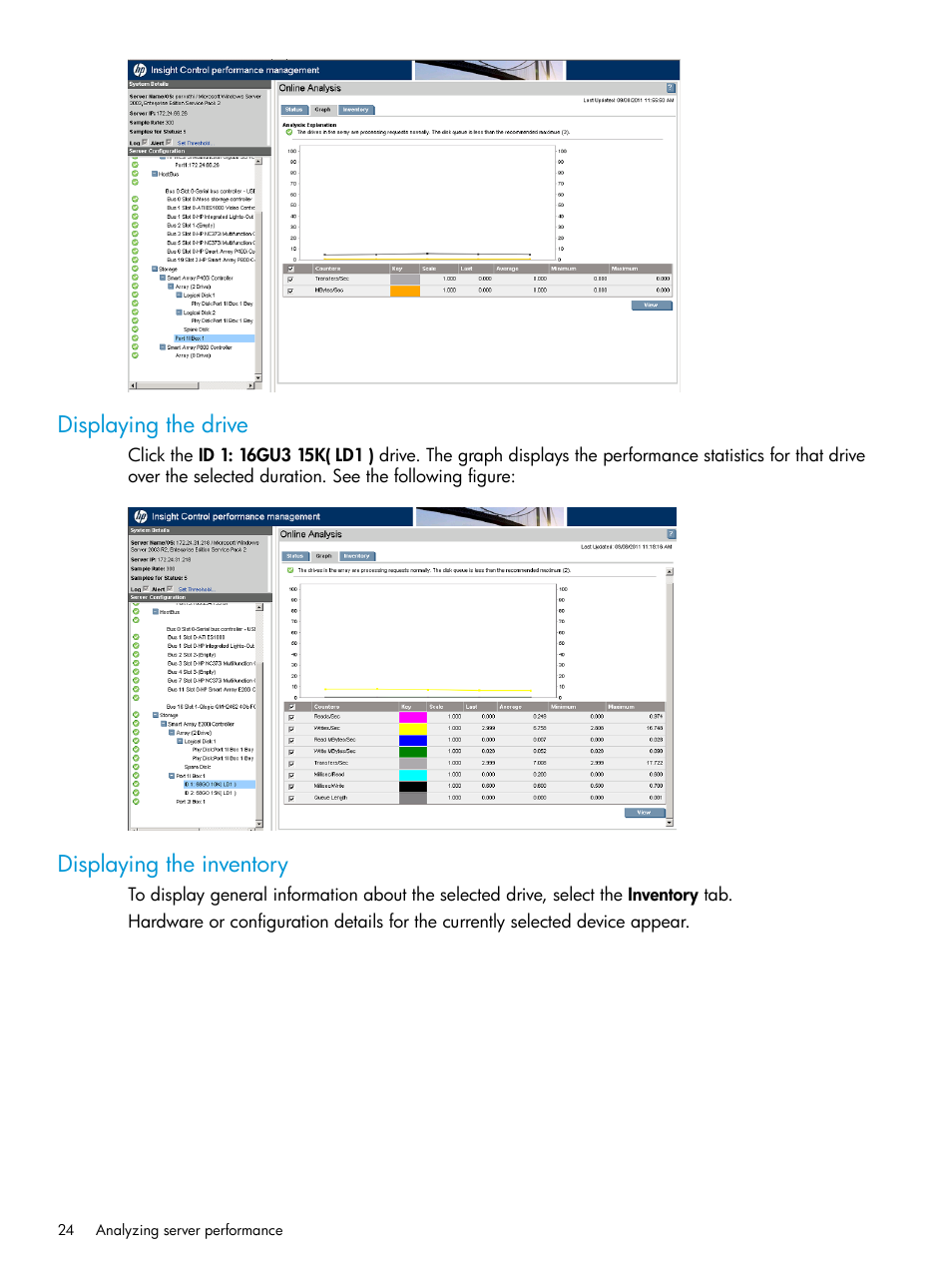 Displaying the drive, Displaying the inventory, Displaying the drive displaying the inventory | HP Insight Control User Manual | Page 24 / 77