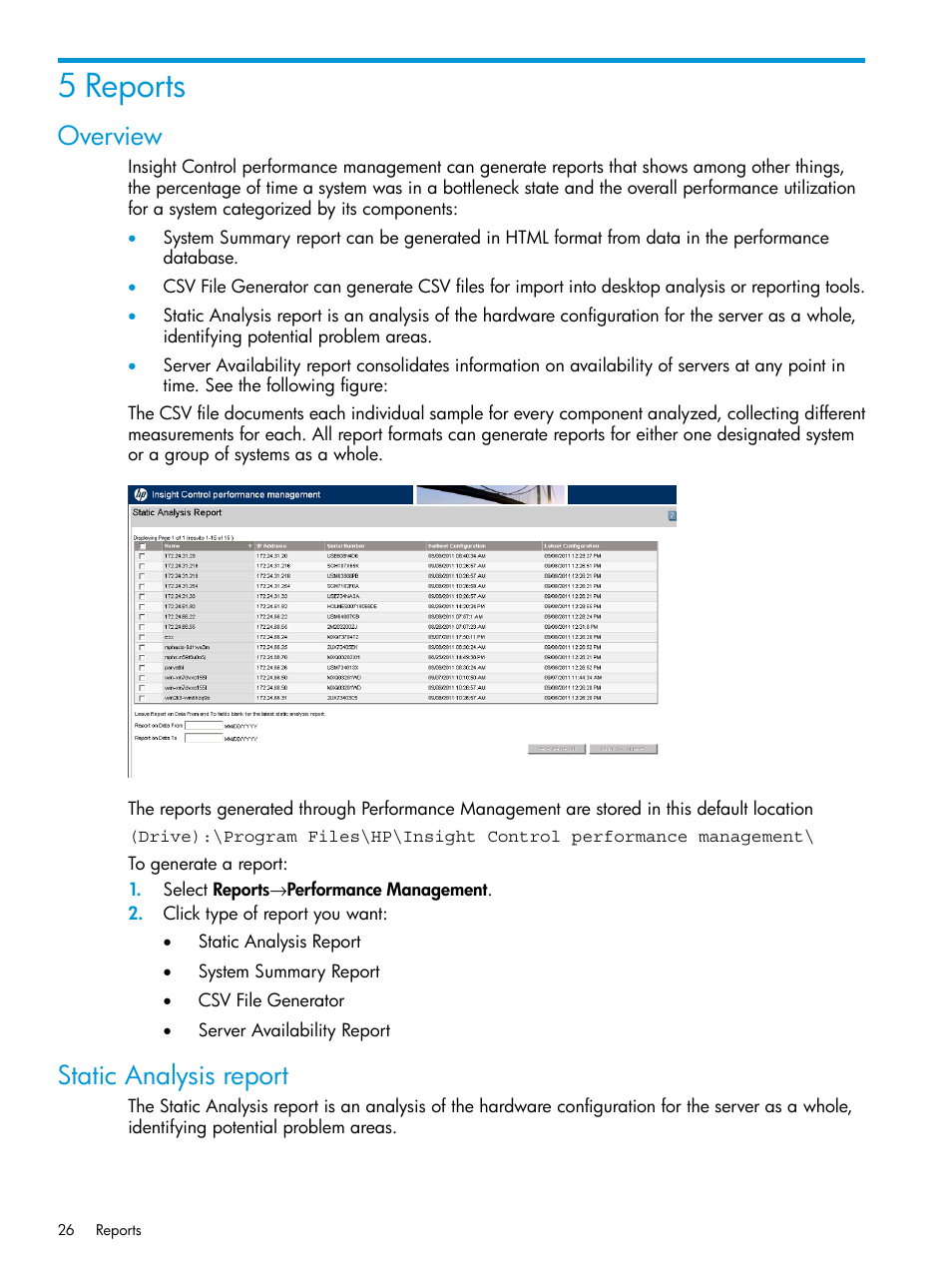 5 reports, Overview, Static analysis report | Overview static analysis report | HP Insight Control User Manual | Page 26 / 77