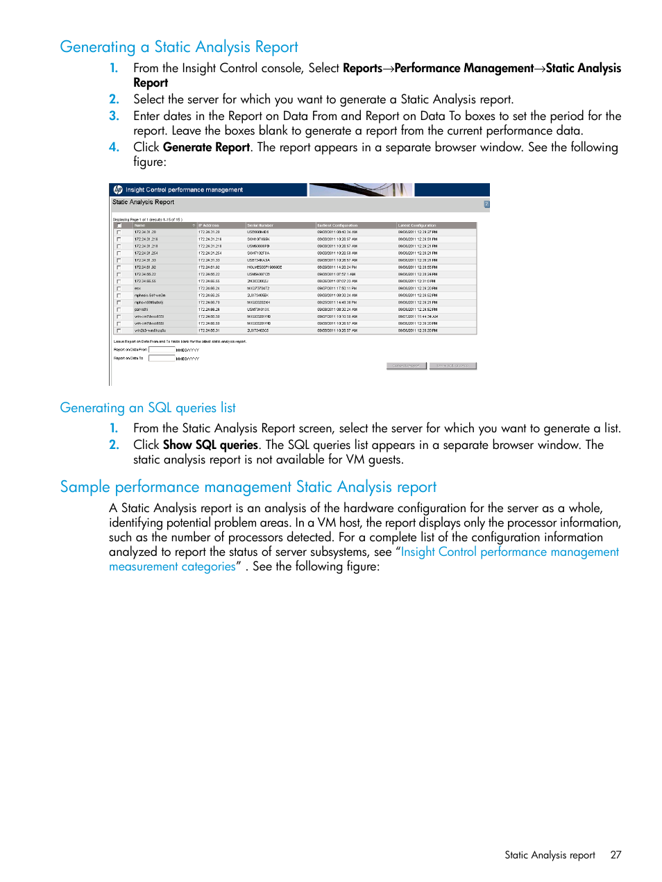 Generating a static analysis report, Generating an sql queries list | HP Insight Control User Manual | Page 27 / 77
