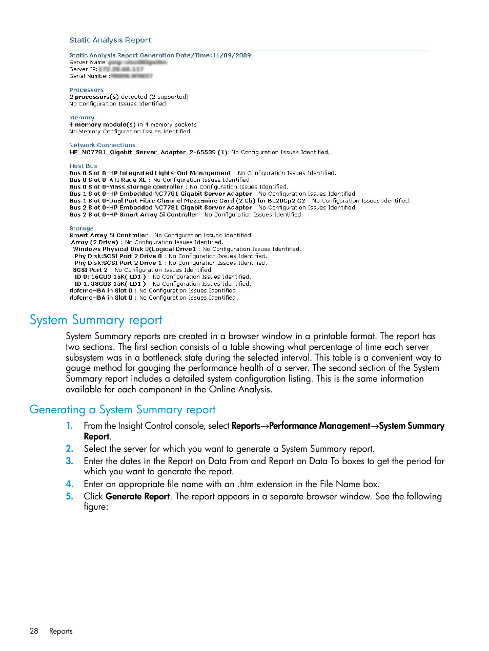 System summary report, Generating a system summary report | HP Insight Control User Manual | Page 28 / 77
