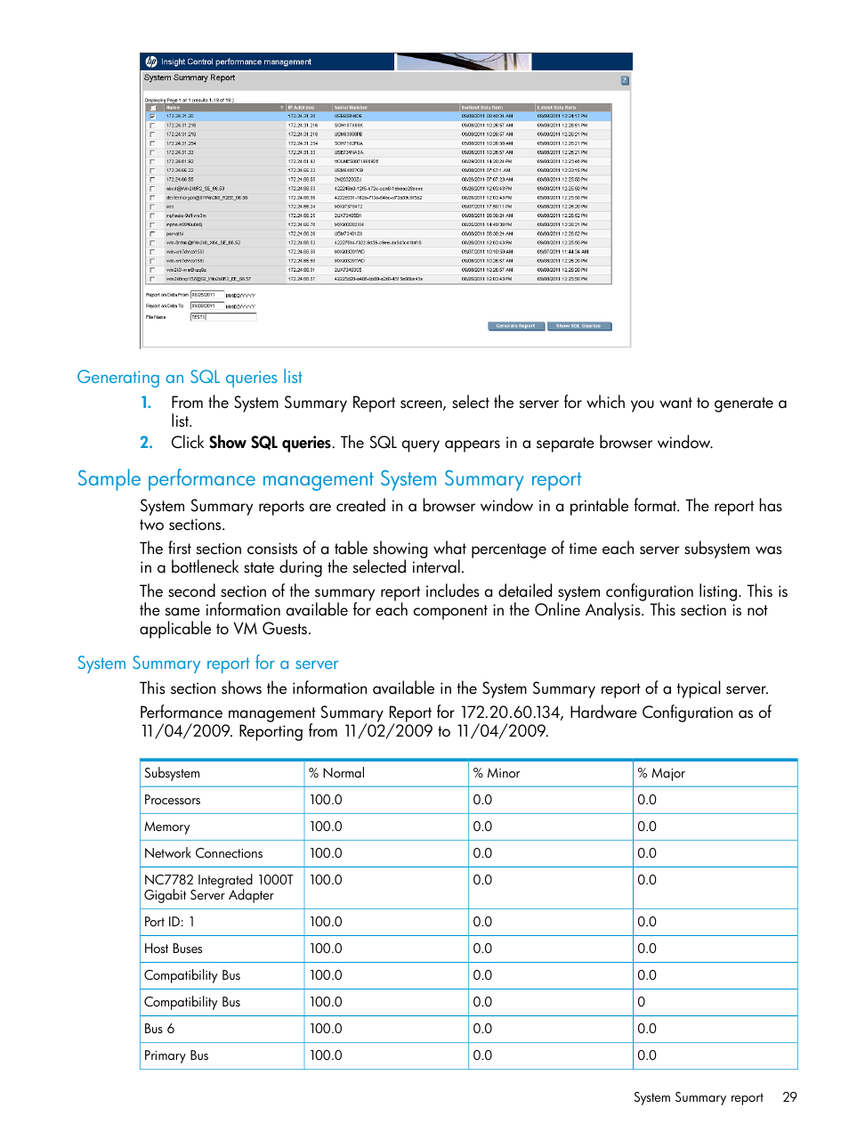 Generating an sql queries list, System summary report for a server | HP Insight Control User Manual | Page 29 / 77
