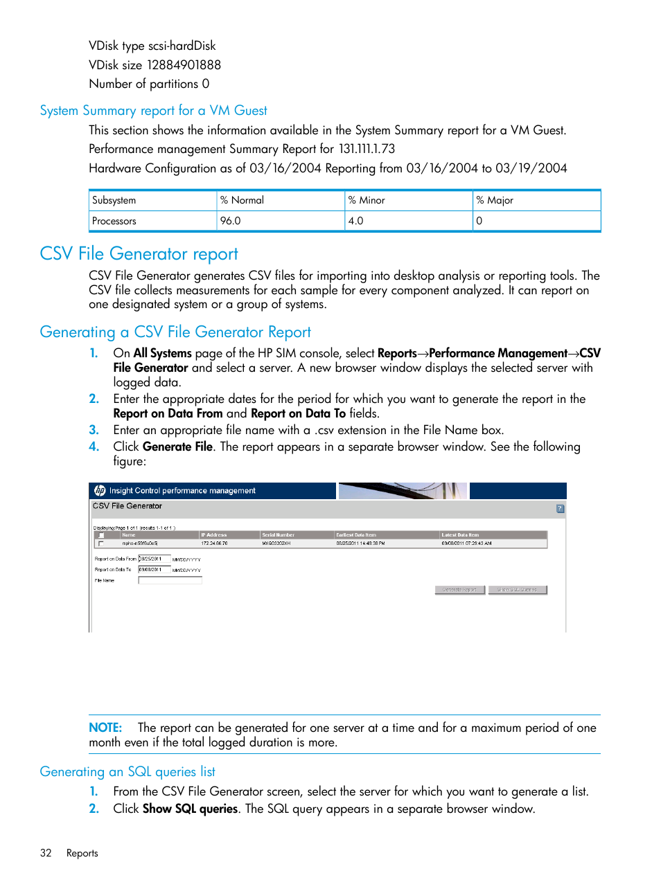 System summary report for a vm guest, Csv file generator report, Generating a csv file generator report | Generating an sql queries list | HP Insight Control User Manual | Page 32 / 77