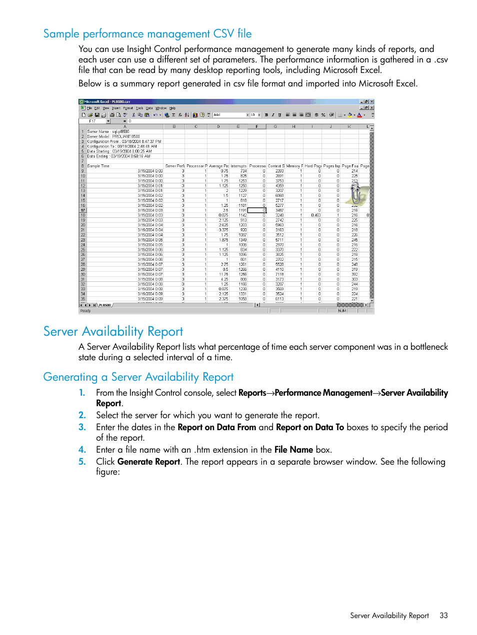 Sample performance management csv file, Server availability report, Generating a server availability report | HP Insight Control User Manual | Page 33 / 77