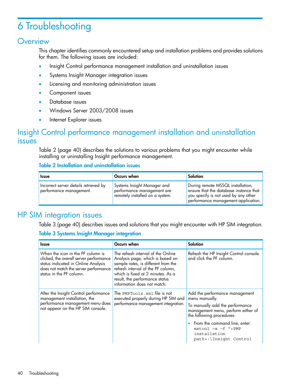 6 troubleshooting, Overview, Hp sim integration issues | HP Insight Control User Manual | Page 40 / 77