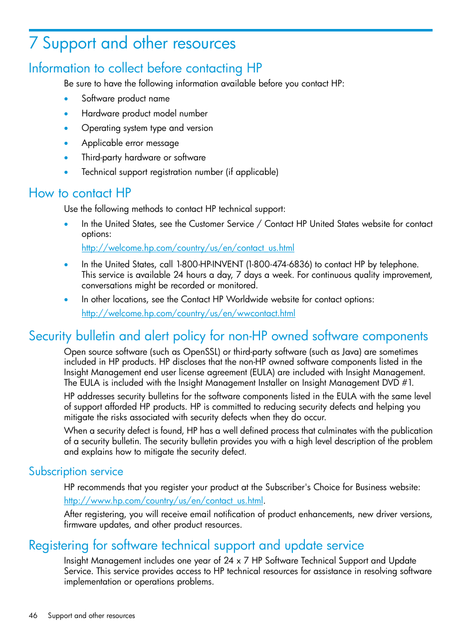 7 support and other resources, Information to collect before contacting hp, How to contact hp | Subscription service | HP Insight Control User Manual | Page 46 / 77